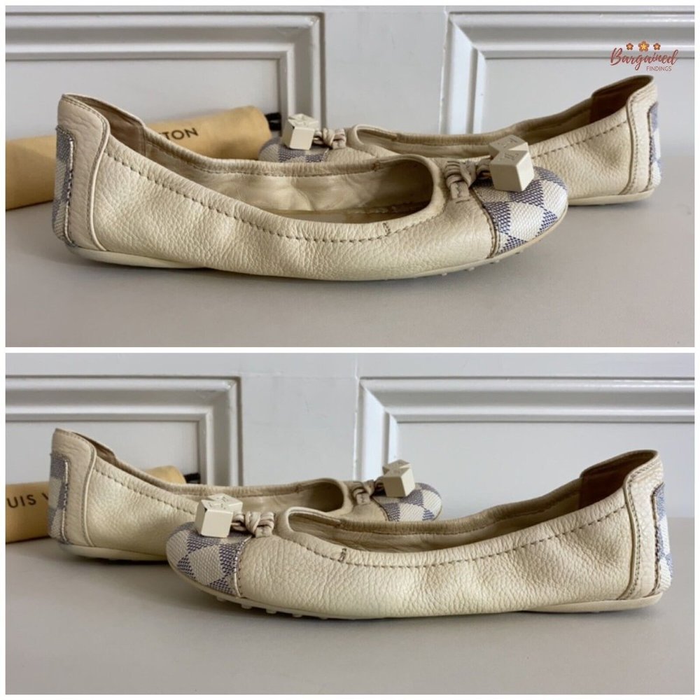 Auth Louis Vuitton Damier Azur Leather Lovely Scrunch LV Cube Ballet Flats 6.5 - Picture 10 of 13